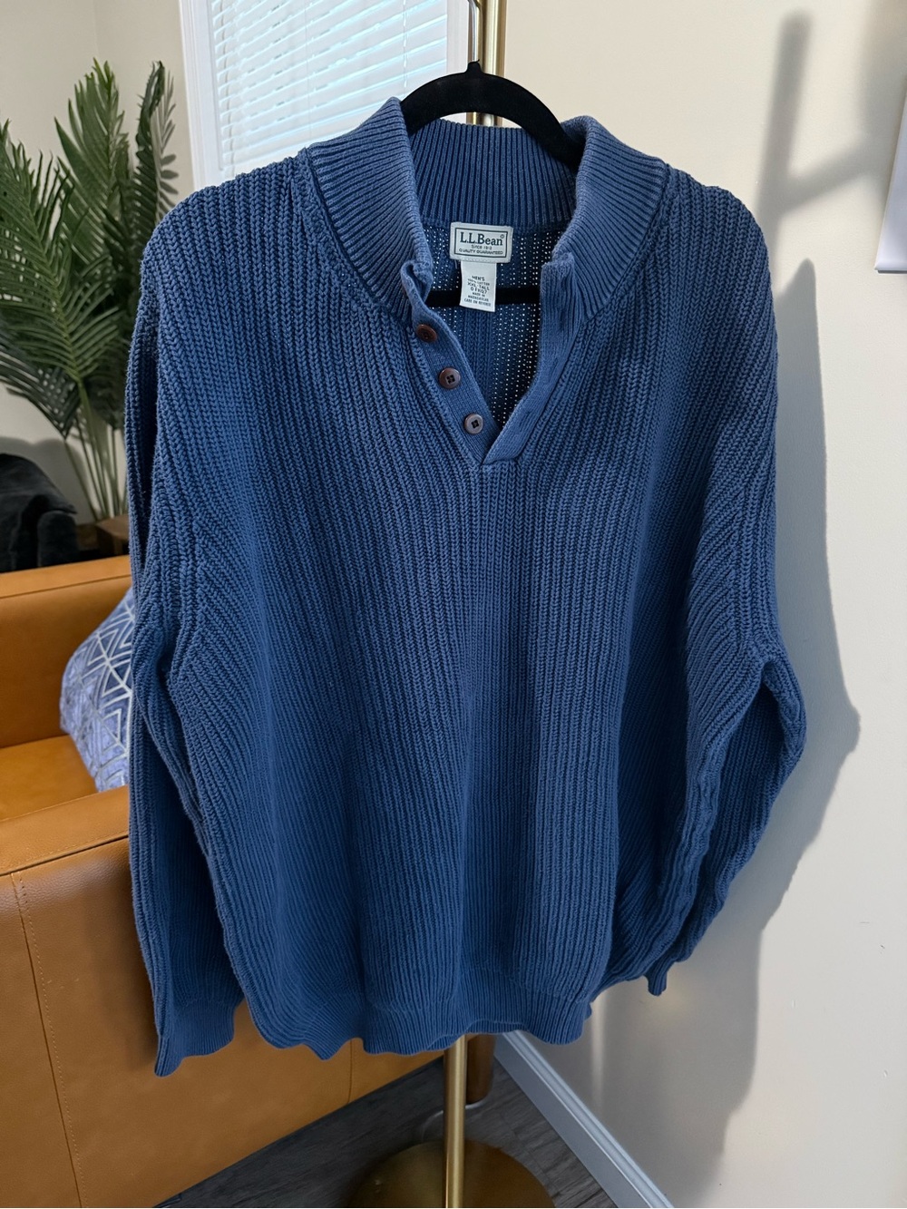 L.L. Bean Men's Slate Blue V-Neck Button-Pullover Sweater